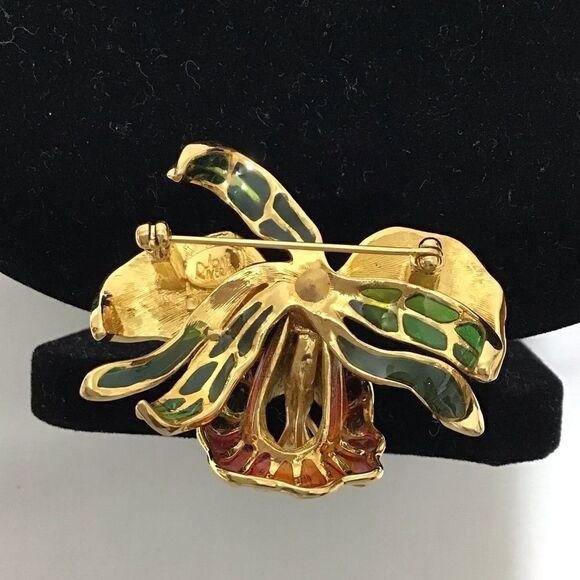 Joan Rivers Vintage Plique A Jour Orchid Brooch And Matching Pierced Earring Set - Picture 9 of 16